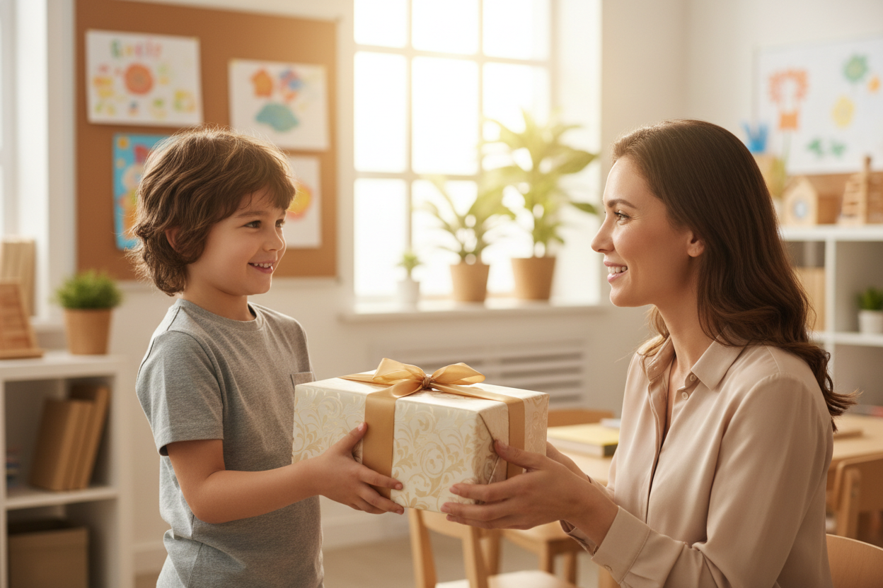 Niño con maestra - Portada Regalos para Maestros